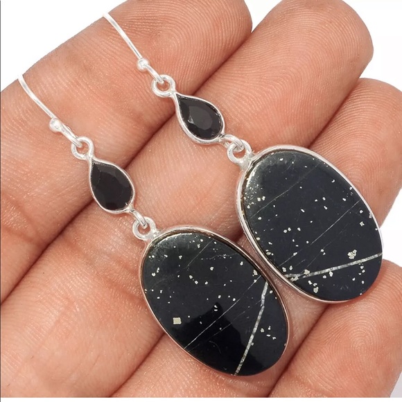 Pyrite in Basalt sterling silver earrings with Garnet or Onyx - Picture 2 of 4